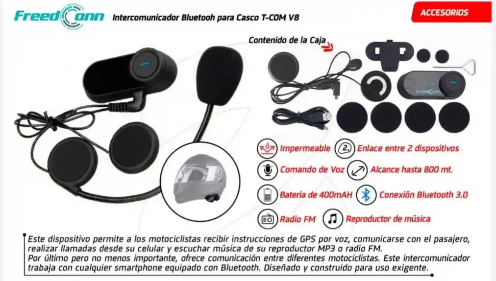 Intercomunicador Para Casco Moto Marca Freed Conn T-com Vb Sin Pantalla