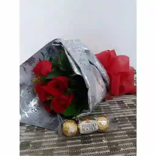 Chocolates Ramo O Bouquet Redondo De 6 Rosas Y 3