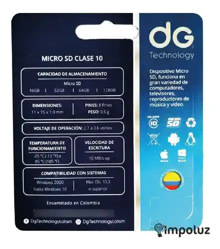 Micro Sd 32 Gb Clase 10 Con Adaptador Sd Dg Electronics