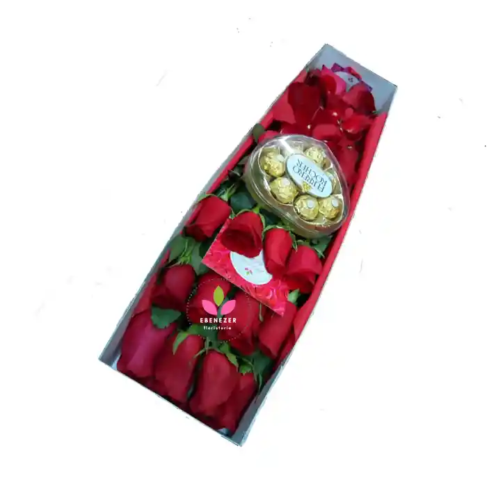 Flores En Caja De 12 Rosas Con Chocolates Ferrero Corazon
