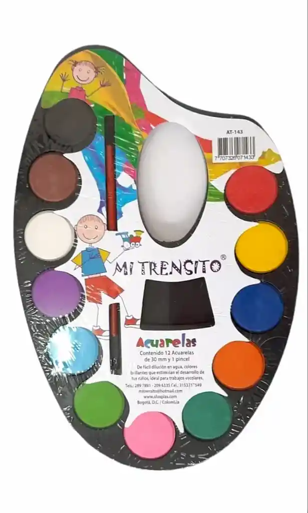 Acuarela Escolar Paleta X12 Colores Y Pincel Mi Trensito
