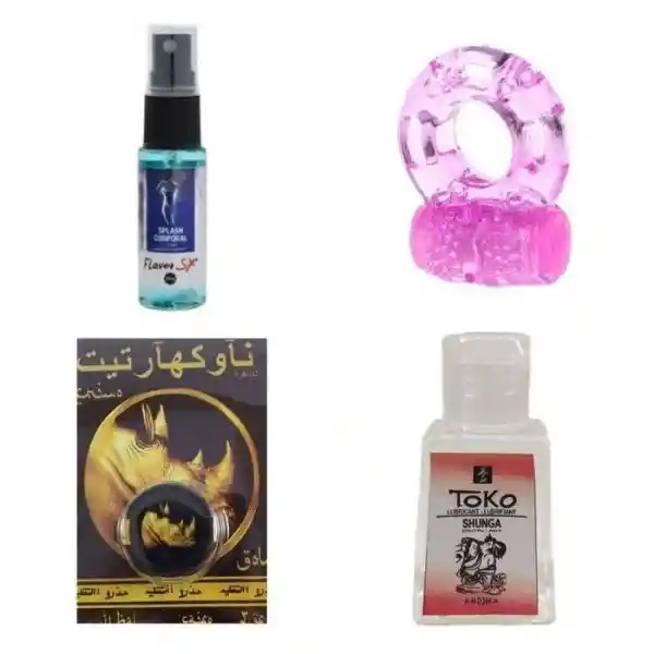 Kit Masculino Anillo Vibrador + Retardante Rhino + Splash Feromonas + Lubricante Neutro