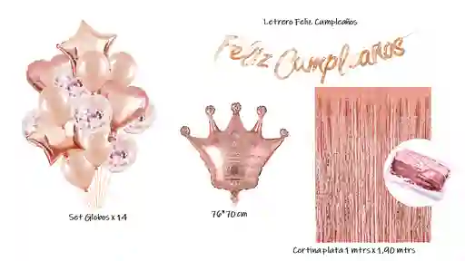 Kit Cumpleaños Oro Rosa Cortina, Globos, Letrero, Corona