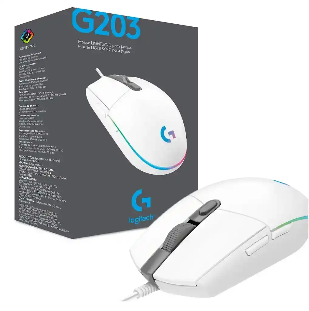 Logitech Mouse Gaming G203 Lightsync White Usb