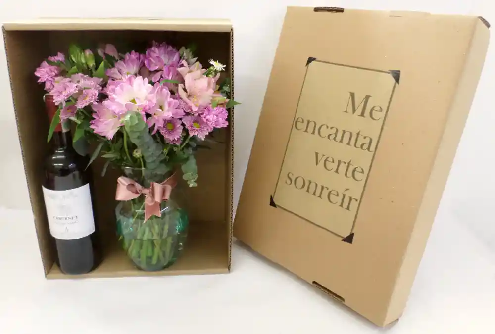 Flores Caja De Regalo Bouquetfrescas, Vino Tinto Y Jarron