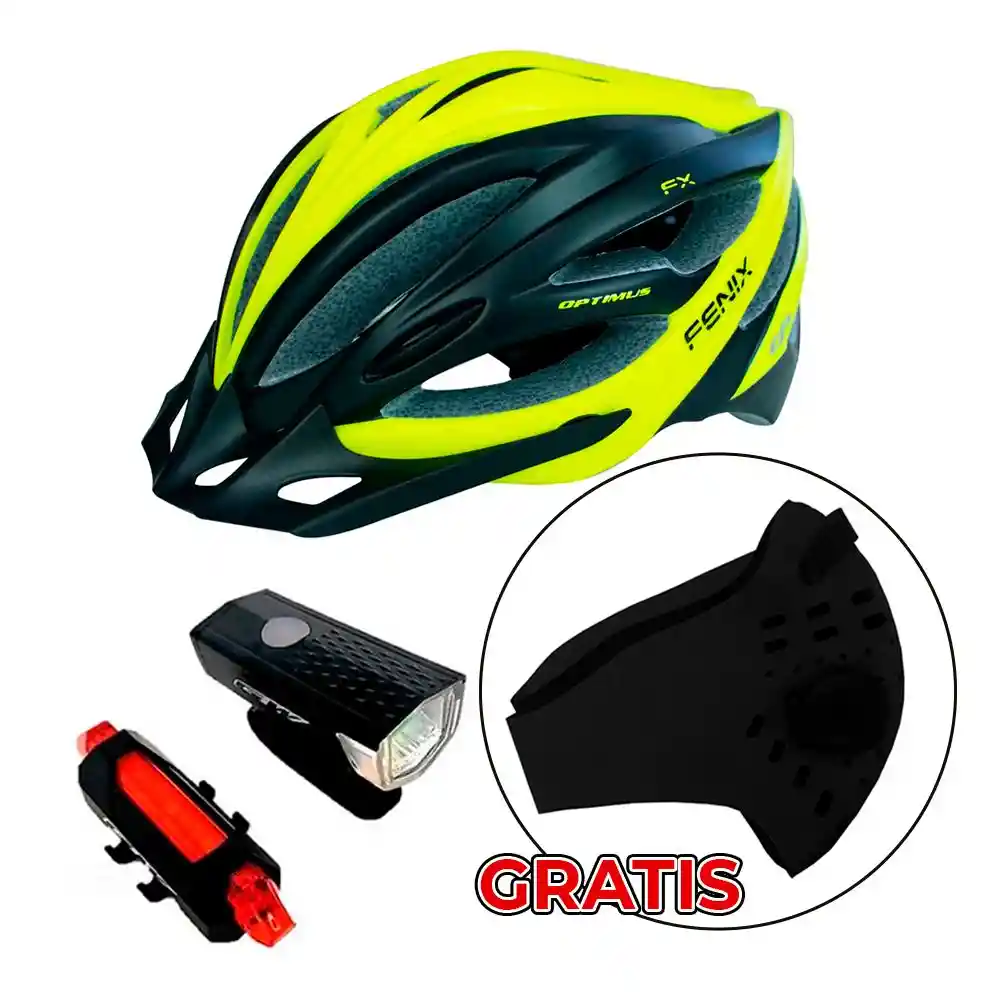 CASCO OPTIMUS FENIX NEON + LUCES GW RECARGABLES + MASCARA ANTIPOLUCIÓN