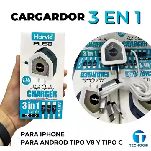 Cargador 3 En 1 - Puerto Usb A Puerto Iphone, Android V8 Y C