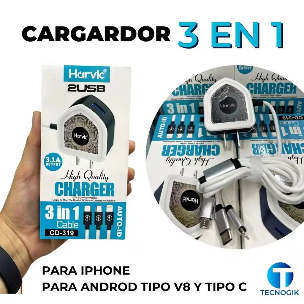 Cargador 3 En 1 - Puerto Usb A Puerto Iphone, Android V8 Y C