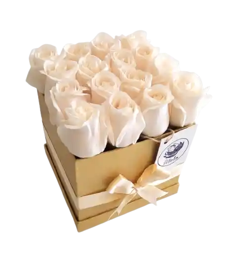 Caja deluxe dorada 16 rosas blancas