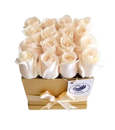 Caja deluxe dorada 16 rosas blancas