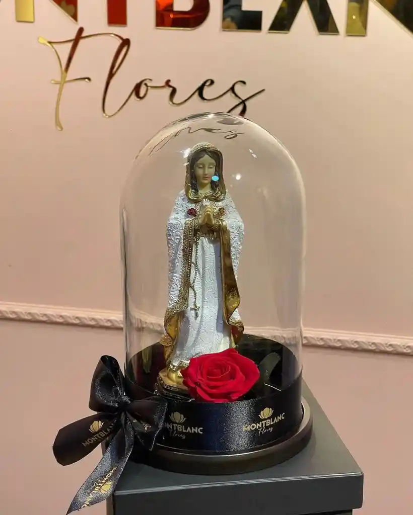 Virgen de la Rosa Mística en Cúpula de Cristal con Flor Preservada