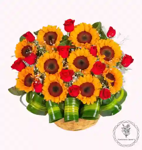 arreglo floral de girasoles y rosas 