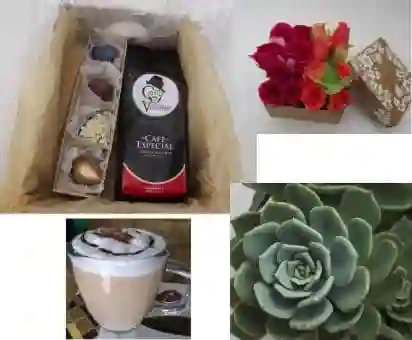 Caja 2 + caja desayuno + 16 rosas + 4 fresas + 1 suculenta + 1 libra café Santa Varón Especial, papel seda, moño, obsequio latte