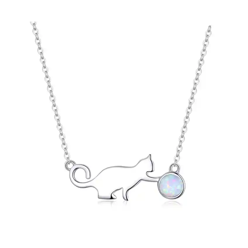 Collar Cadena Para Mujer Gato Juega Ópalo En Plata 925