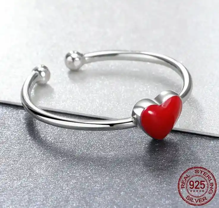 Anillo Compromiso Ajustable Mujer Corazón Rojo En Plata 925 