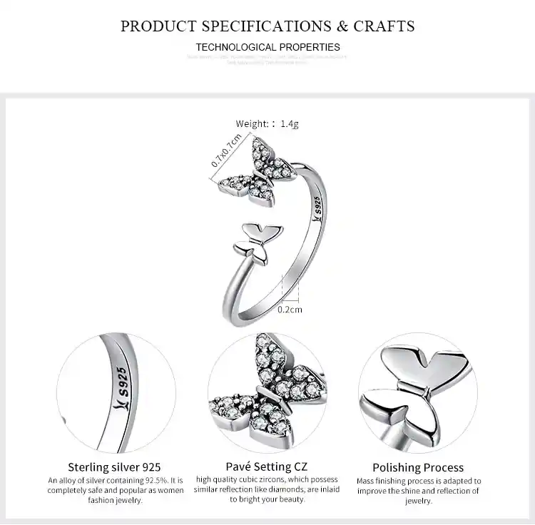 Anillo Ajustable Alhajas Para Mujer Mariposas Fabricado En Plata 925