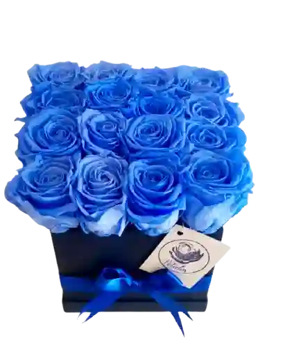 Caja deluxe negra de 16 rosas preservadas azules