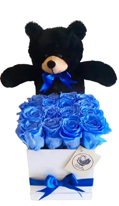 Caja deluxe blanca con rosas preservadas azules con oso de peluche negro