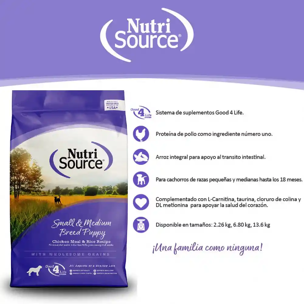 NutriSource Comida Para Perrossmall & Medium Breed Puppy Chicken & Rice 13.6 Kg