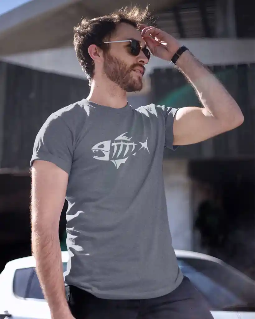 Camiseta FishSkeleton Gris - Cuello V