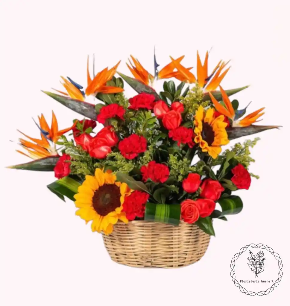 girasoles con claveles rojos en arreglo floral