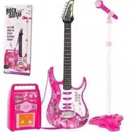 Guitarra Electrica Rosada con Amplificador y Microfono