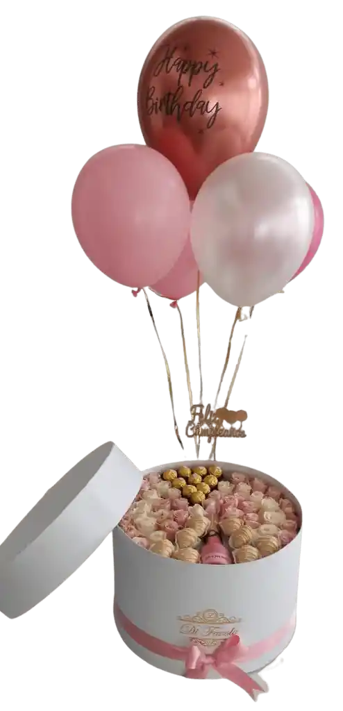 Arreglo Floral  en Cilindro Queen Con Rosas Y Fresas Con Chocolate Y Globos