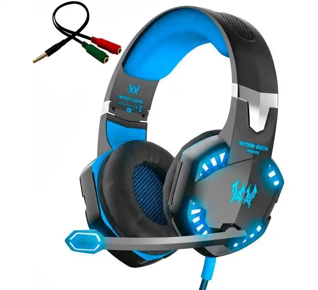  Audífonos gamer Kotion G2000 negro y azul con luz LED