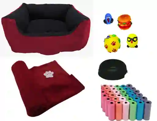 Cama Para Mascota Vinotinto + Cobija + 2 Juguetes + 100 Bolsas+ comedero