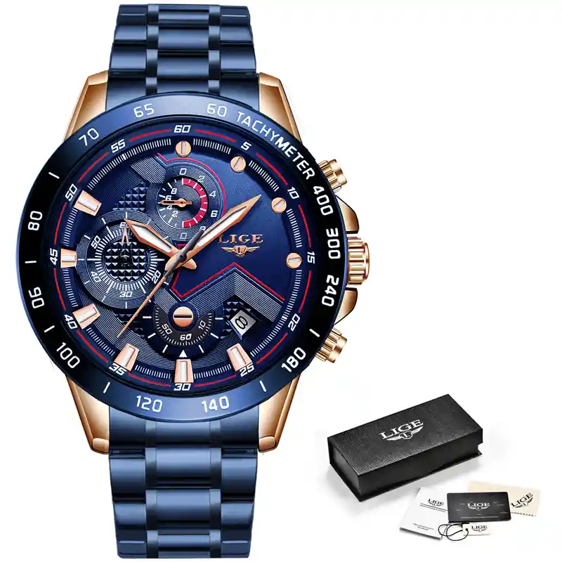 Reloj Acero Inoxidable Para Hombre Lige Con Cronografo - AZUL