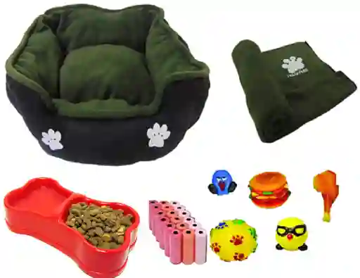 Cama Para Mascota Verde+ Cobija + 100 Bolsas+ 2 Juguetes + comedero