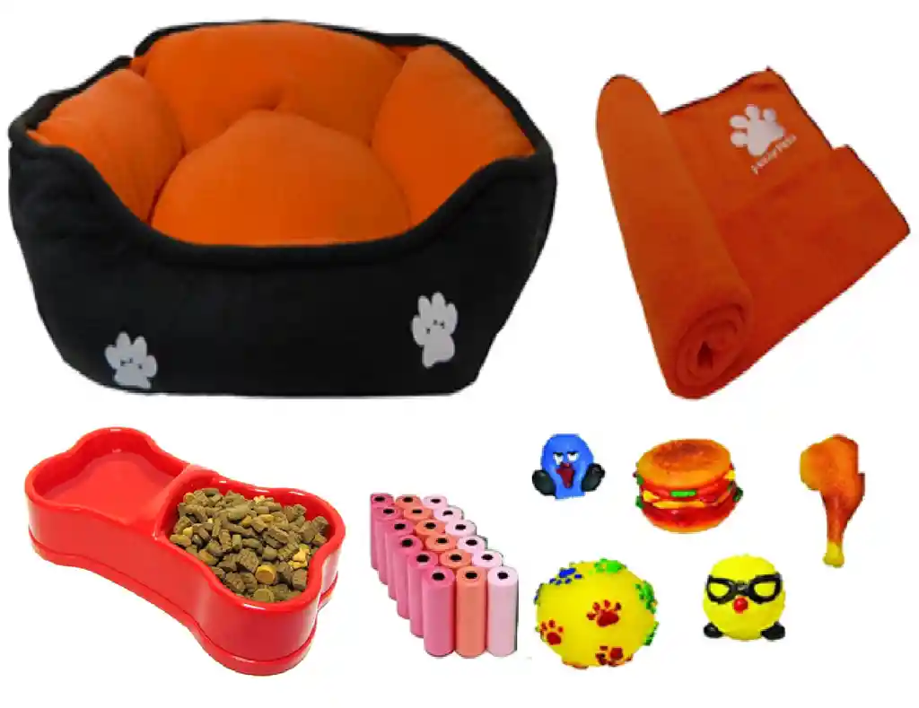 Cama Para Mascota Naranja + Cobija + 100 Bolsas+ 2 Juguetes + comedero