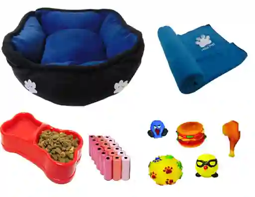 Cama Para Mascota Azul c + Cobija + 100 Bolsas+ 2 Juguetes + comedero