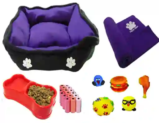 Cama Para Mascota morado + Cobija + 100 Bolsas+ 2 Juguetes + comedero