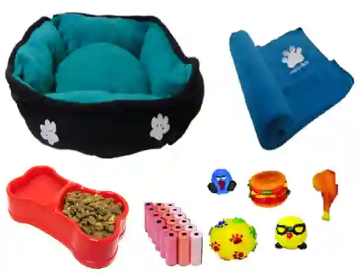 Cama Para Mascota celeste + Cobija + 100 Bolsas+ 2 Juguetes + comedero