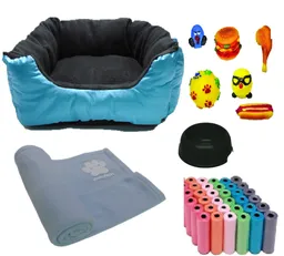 Cama Para Mascota celeste + Cobija + 100 Bolsas+ 2 Juguetes + comedero