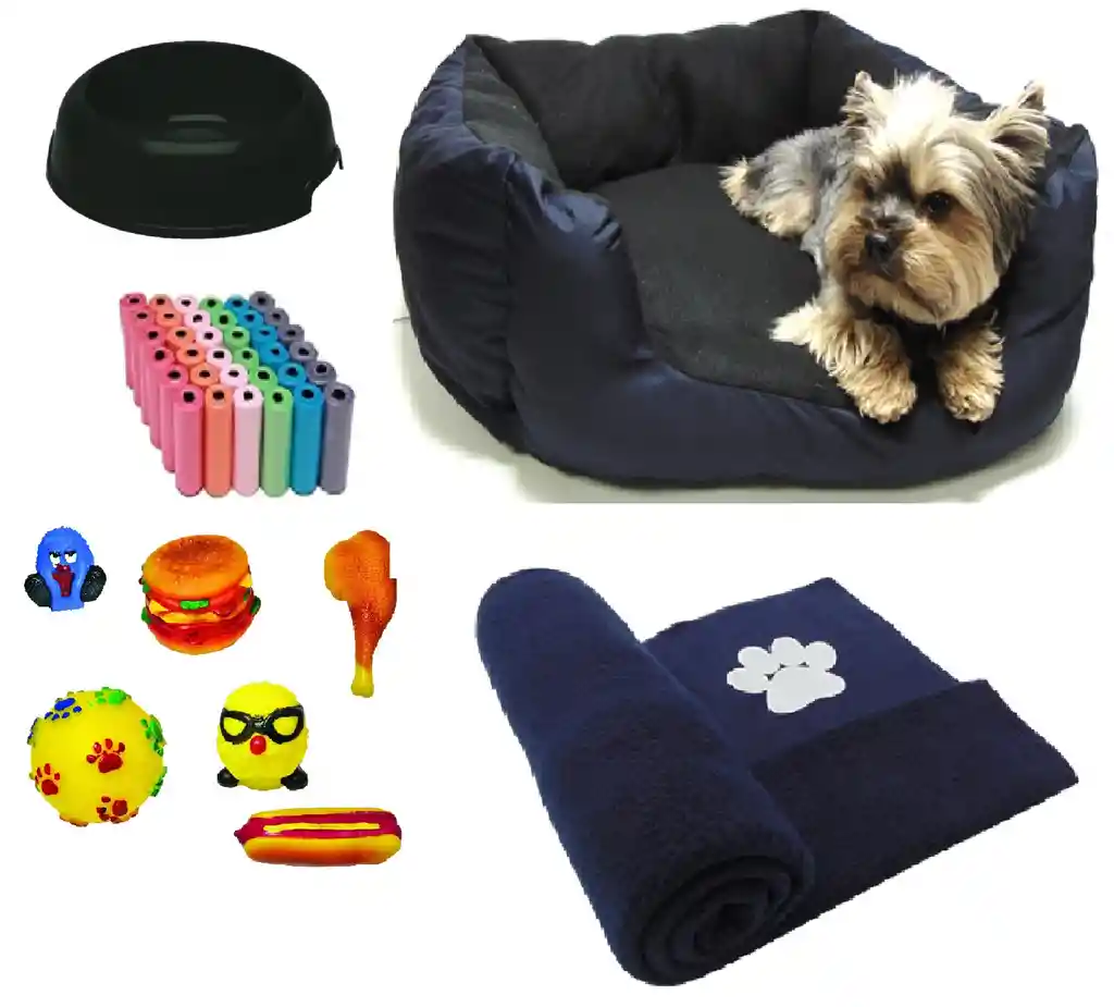 Cama Para Mascota Azul o+ Cobija + 100 Bolsas+ 2 Juguetes + comedero