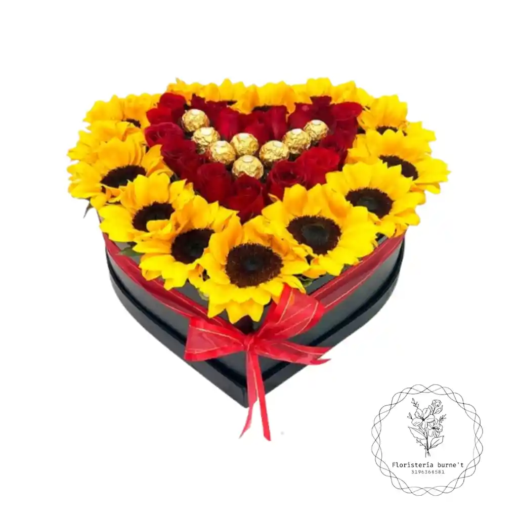 Caja de rosas y girasoles con ferrero