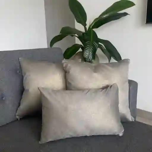 Promoción: 2 Cojines 50X50 + 1 Riñonera 50X30 Color  Combo Base Gris con Visos Dorados