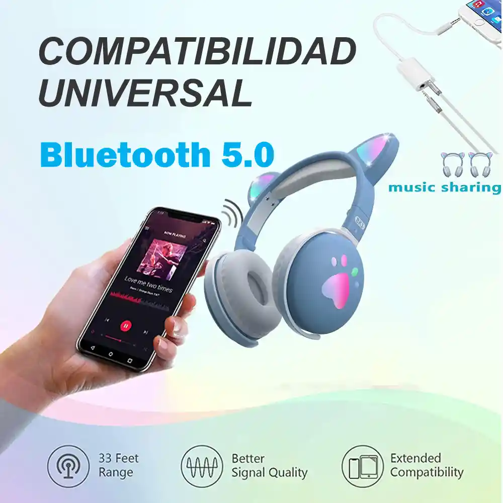 Audífonos Orejas De Gato Bluetooth Recargables Luz Led Bk1