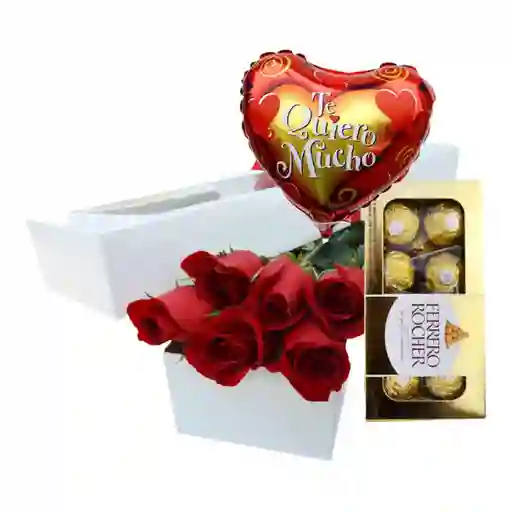 caja de 6 rosas. Chocolates. globo