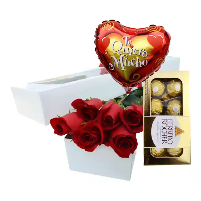 caja de 6 rosas. Chocolates. globo