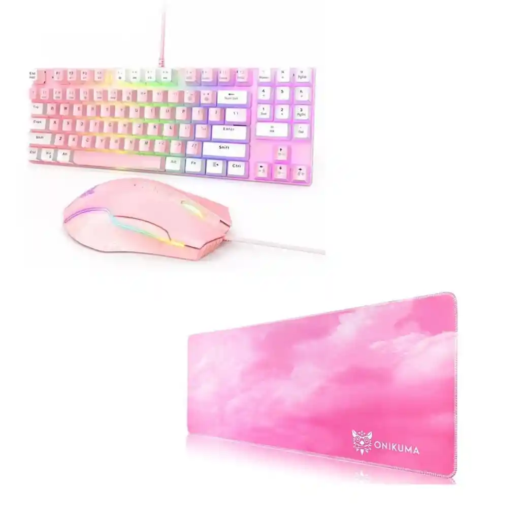  combo de Teclado mecanico + Mouse Gamer rosa + pad mouse onikuma