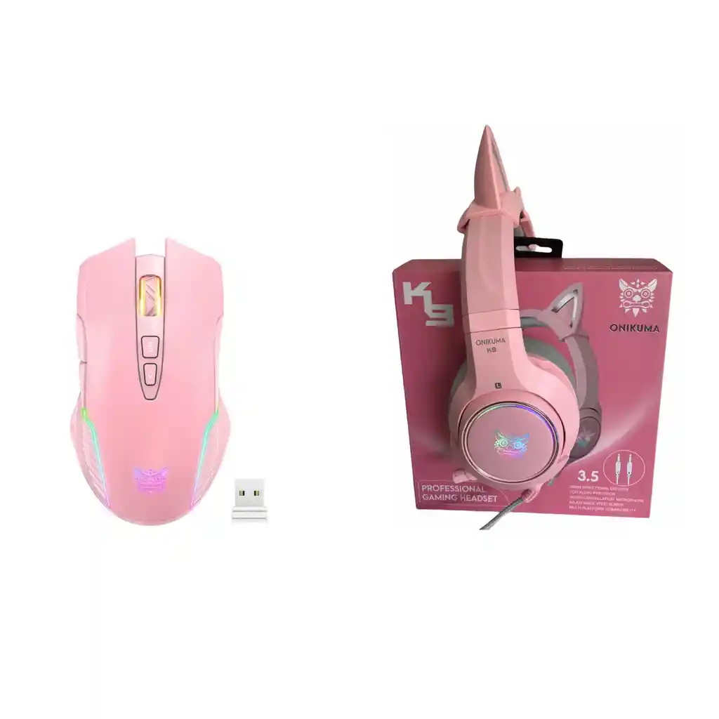 Diadema k9 Rosa gamer Orejas de Gato + Mouse inalámbrico 