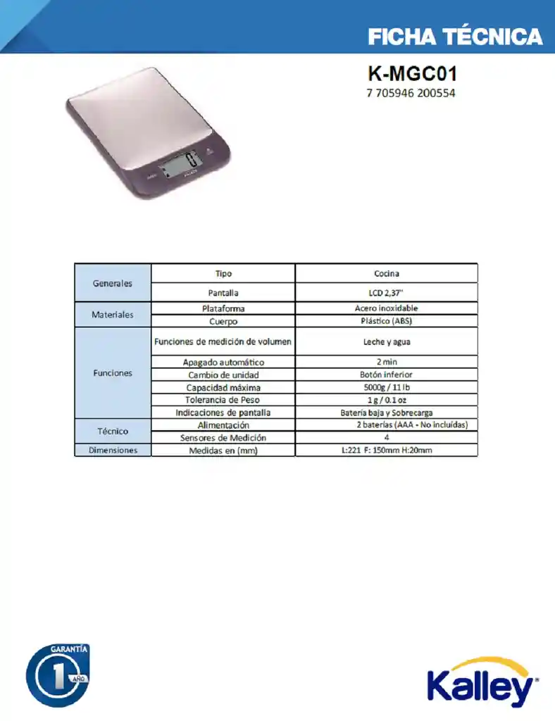 Kalley Bascula Gramera De Cocina Digital K-Mgc01