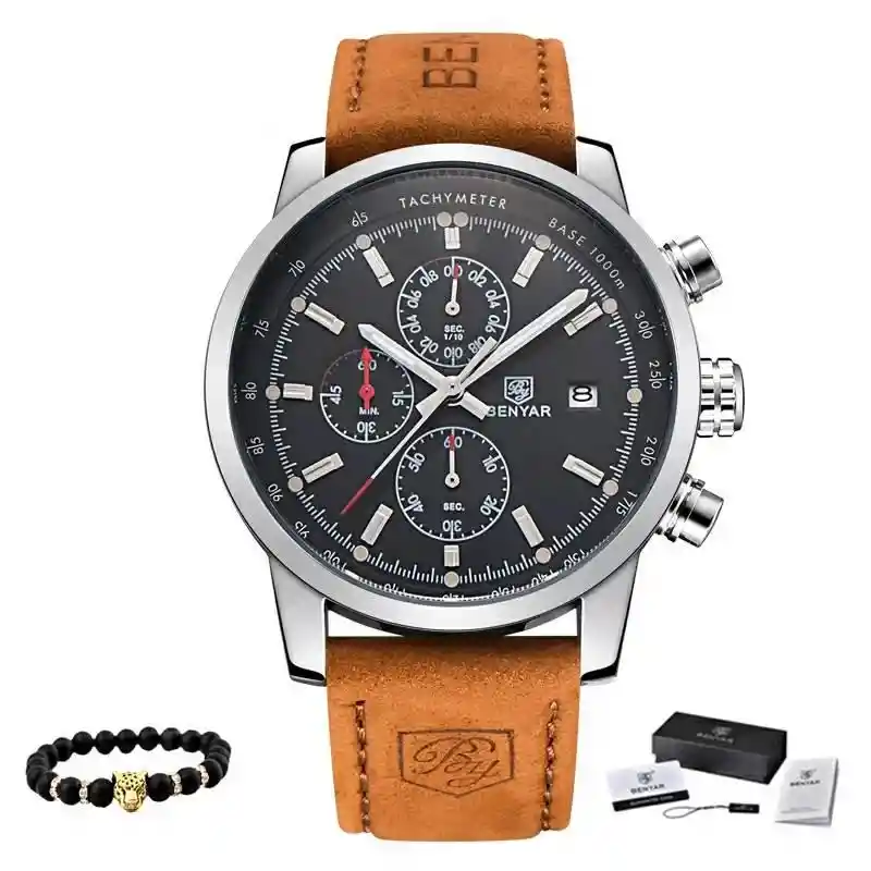 Reloj Para Hombre Benyar Con Cronógrafo Pulso En Cuero - NEGRO