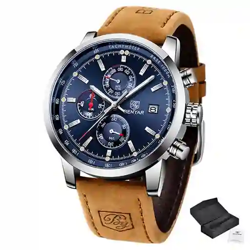 Reloj Para Hombre Benyar Con Cronógrafo Pulso En Cuero - CAFE AZUL