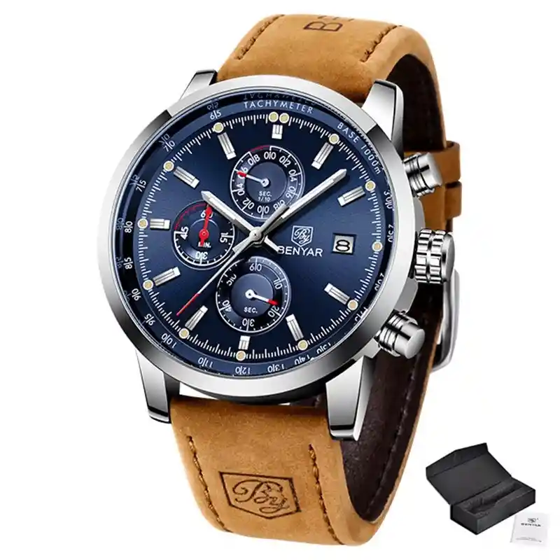Reloj Para Hombre Benyar Con Cronógrafo Pulso En Cuero - CAFE AZUL