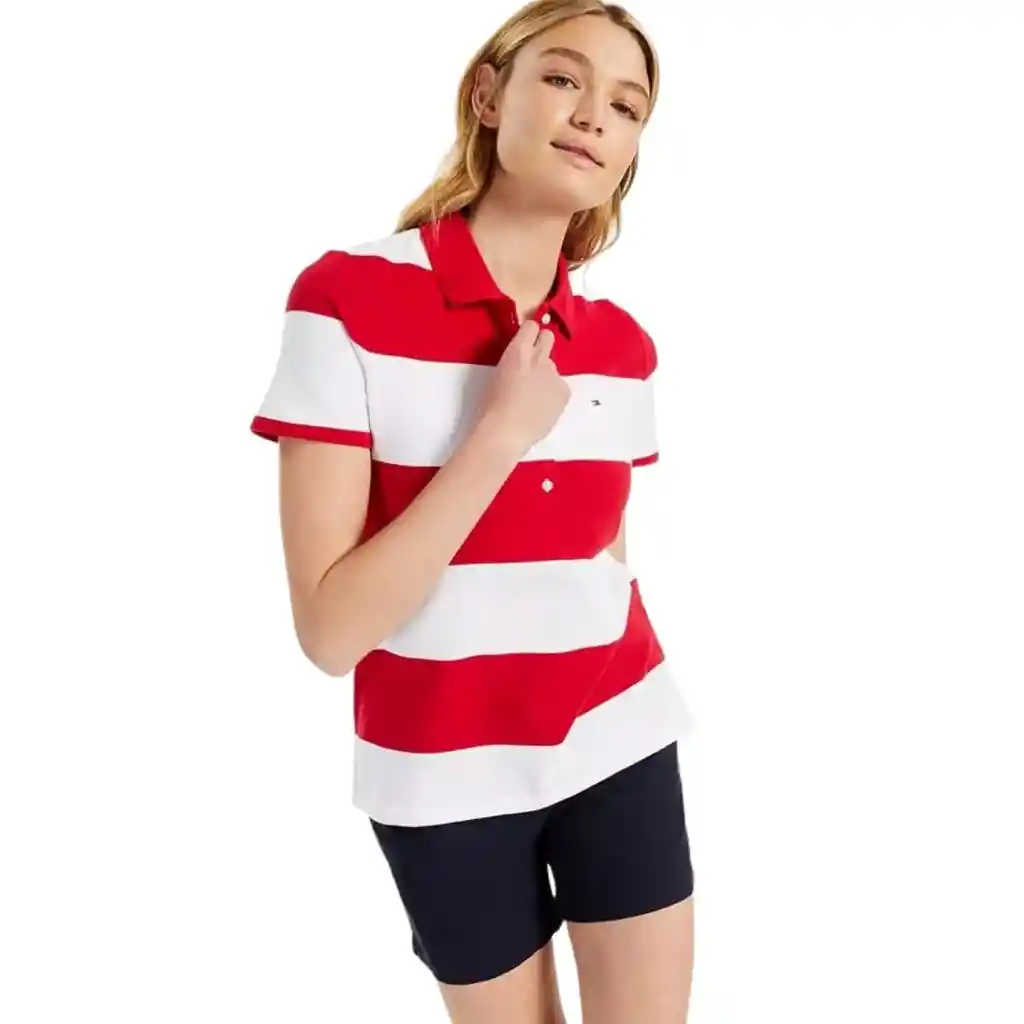 Tommy Hilfiger Talla M - Camiseta Mujer Striped Pique Polo Shirt Scarlet/Bright White