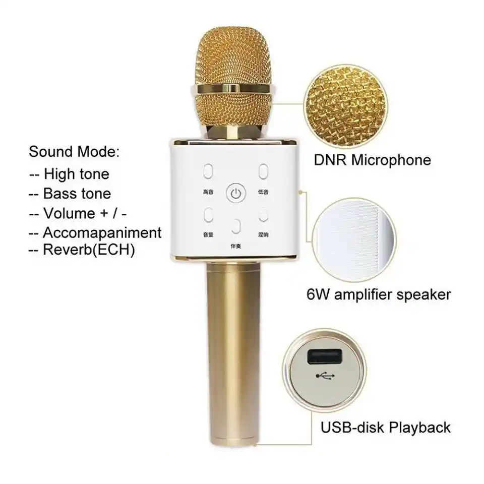 Microfono Karaoke Bluetooth Con Estuche Q7 Portátil Parlante Dorado